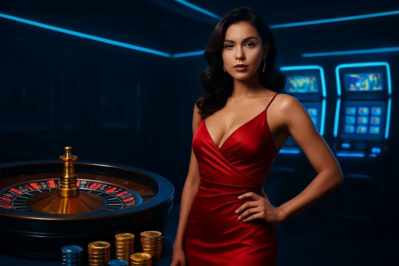 Elegant Casino Banner Beautiful woman in red dress posing confidently near roulette and slot machines in a luxury Bangladesh casino with neon lights, gold coins, and poker chips