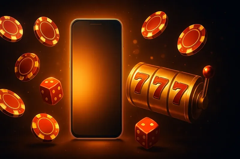 Casino Promo Banner Glowing smartphone surrounded by casino chips, slot reels, and dice on a dark luxurious background